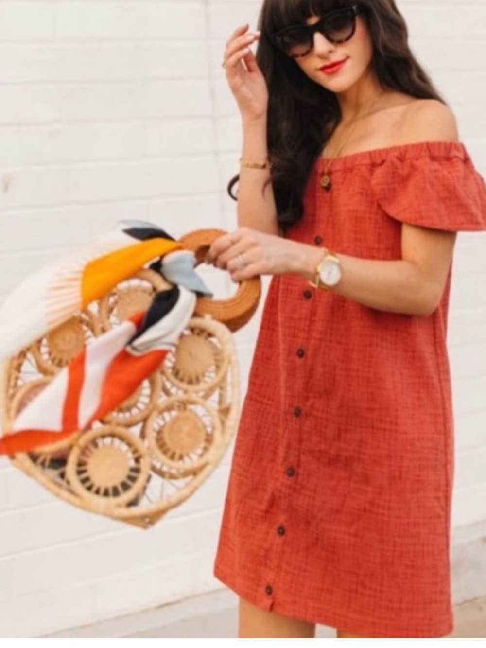 Madewell Off-Shoulder Button-Front Dress in Rust